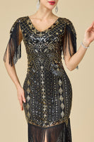 Laden Sie das Bild in den Galerie-Viewer, Glitzernder Bodycon V-Ausschnitt Pailletten mit Fransen Schulterärmel Kleid der 1920er Jahre