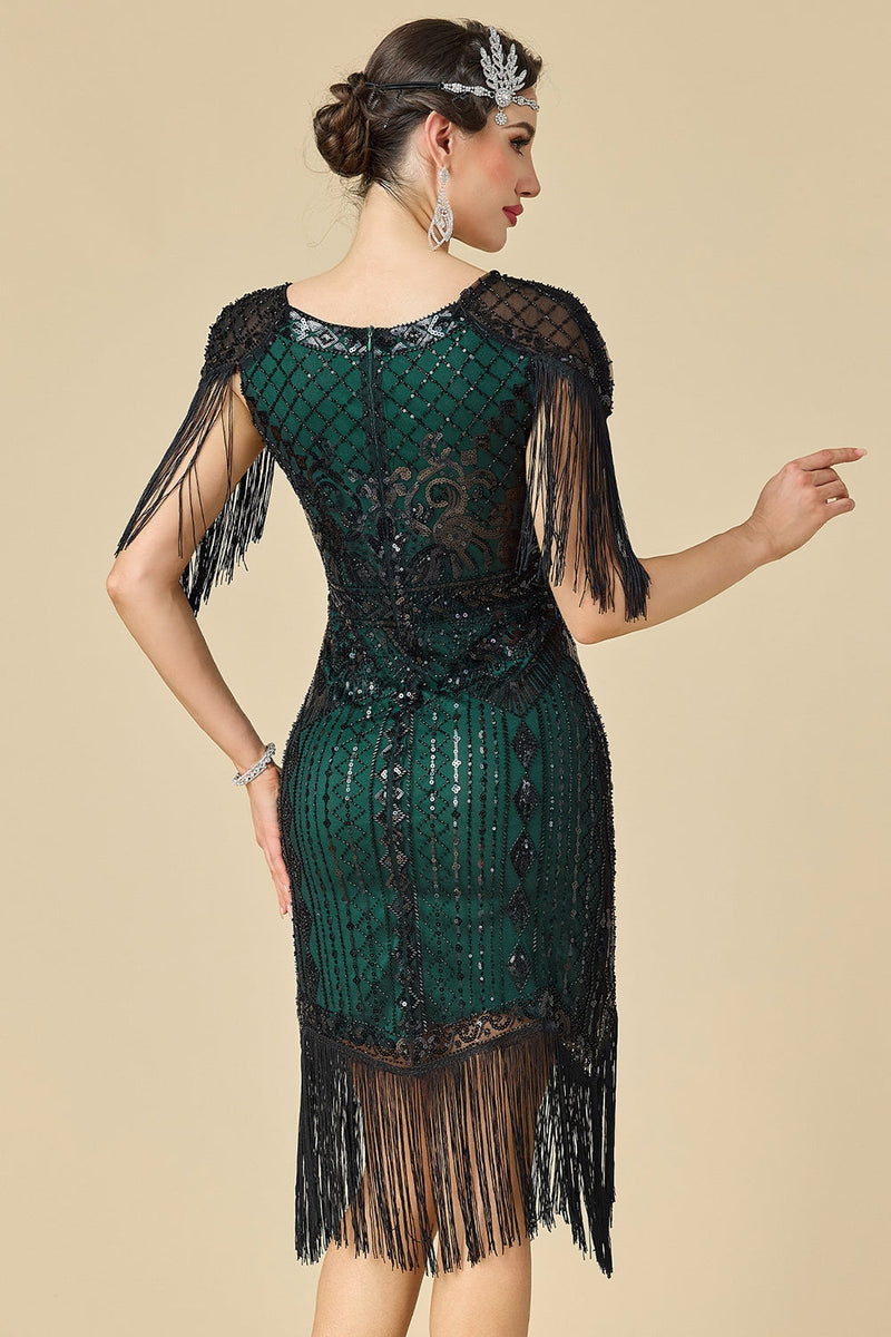 Laden Sie das Bild in den Galerie-Viewer, Glitzernder Bodycon V-Ausschnitt Pailletten mit Fransen Schulterärmel Kleid der 1920er Jahre