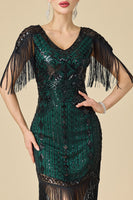 Laden Sie das Bild in den Galerie-Viewer, Glitzernder Bodycon V-Ausschnitt Pailletten mit Fransen Schulterärmel Kleid der 1920er Jahre