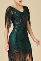 Laden Sie das Bild in den Galerie-Viewer, Glitzernder Bodycon V-Ausschnitt Pailletten mit Fransen Schulterärmel Kleid der 1920er Jahre