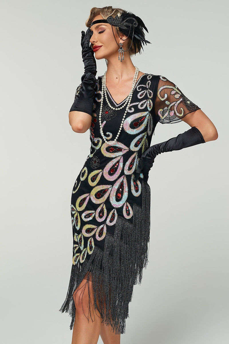 Laden Sie das Bild in den Galerie-Viewer, Vintage Paillettenfransen Great Gatsby Flapper Kleid aus den 1920er Jahren