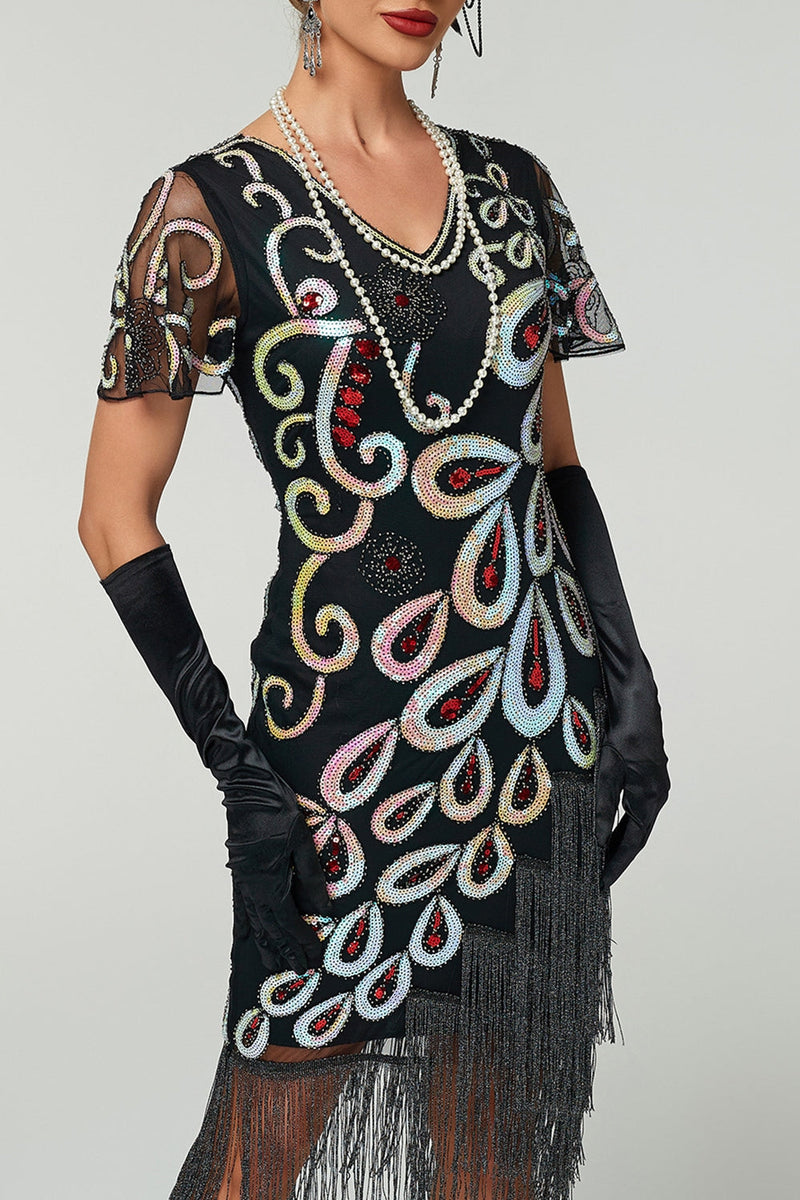 Laden Sie das Bild in den Galerie-Viewer, Vintage Paillettenfransen Great Gatsby Flapper Kleid aus den 1920er Jahren