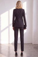 Laden Sie das Bild in den Galerie-Viewer, Schwarze Polka Dots Hosenanzüge Peak Revers Frauen Hochzeitsanzüge mit Schleife