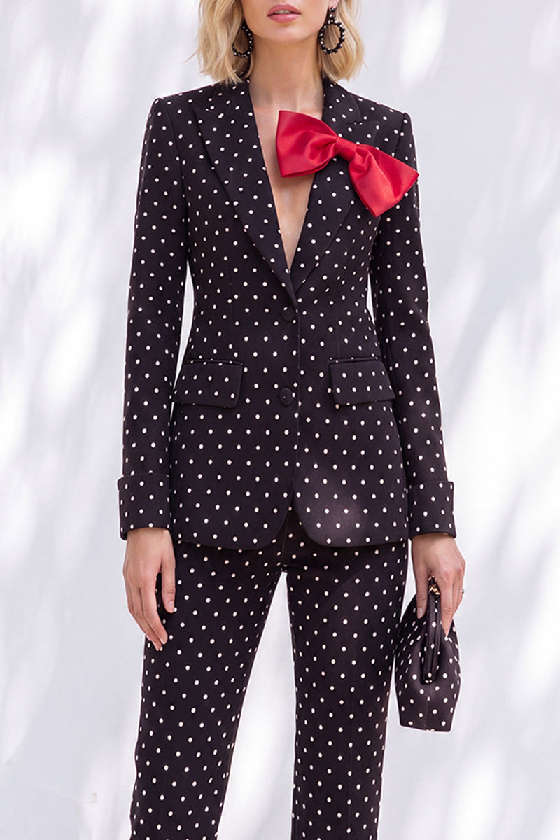 Laden Sie das Bild in den Galerie-Viewer, Schwarze Polka Dots Hosenanzüge Peak Revers Frauen Hochzeitsanzüge mit Schleife