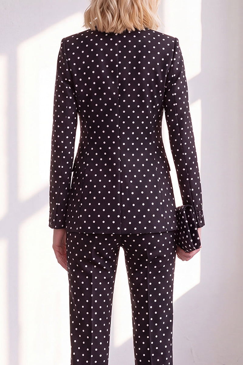 Laden Sie das Bild in den Galerie-Viewer, Schwarze Polka Dots Hosenanzüge Peak Revers Frauen Hochzeitsanzüge mit Schleife