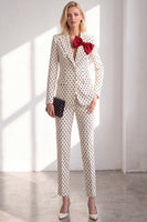 Laden Sie das Bild in den Galerie-Viewer, Schwarze Polka Dots Hosenanzüge Peak Revers Frauen Hochzeitsanzüge mit Schleife