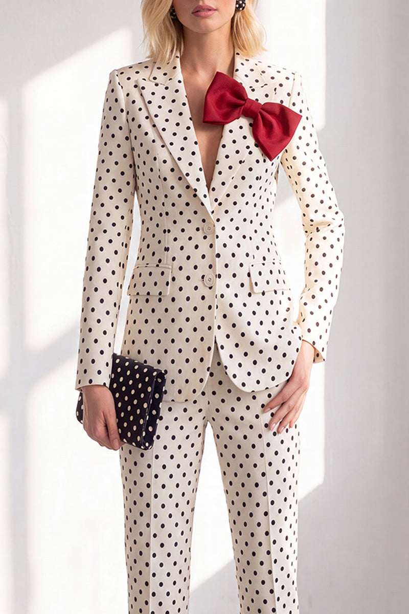 Laden Sie das Bild in den Galerie-Viewer, Schwarze Polka Dots Hosenanzüge Peak Revers Frauen Hochzeitsanzüge mit Schleife