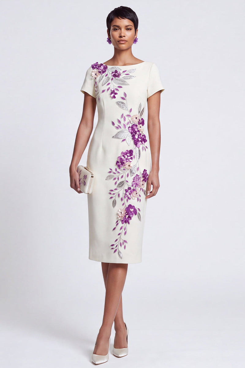 Laden Sie das Bild in den Galerie-Viewer, Weißer Sheath Boat Neck Blumenstickerei Pailletten Midi Arbeitskleid mit 3D-Applikationen