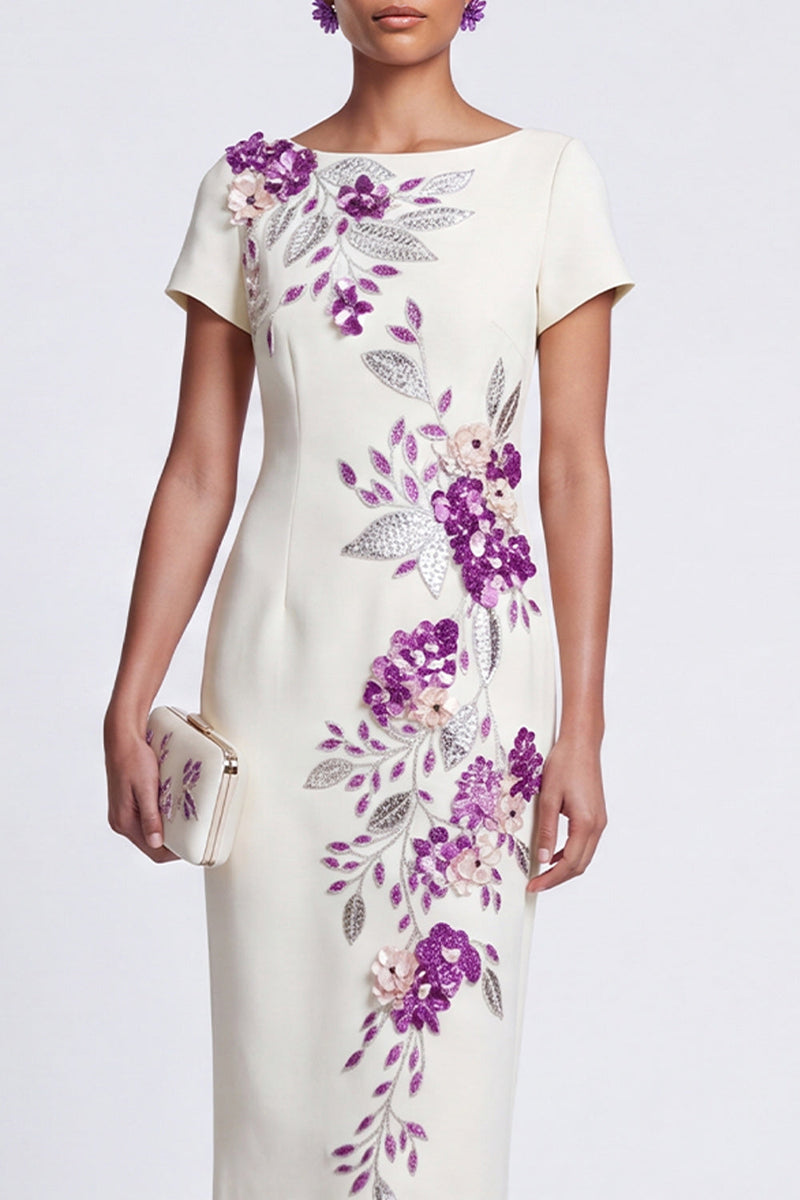 Laden Sie das Bild in den Galerie-Viewer, Weißer Sheath Boat Neck Blumenstickerei Pailletten Midi Arbeitskleid mit 3D-Applikationen