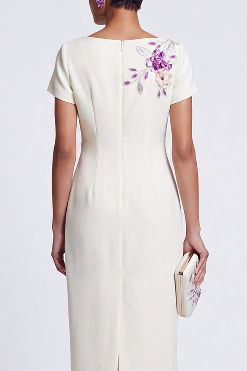 Laden Sie das Bild in den Galerie-Viewer, Weißer Sheath Boat Neck Blumenstickerei Pailletten Midi Arbeitskleid mit 3D-Applikationen