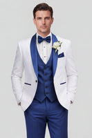 Laden Sie das Bild in den Galerie-Viewer, 3-teilige Schal, Revers Blaue Einknopf-Herren-Hochzeitsanzüge