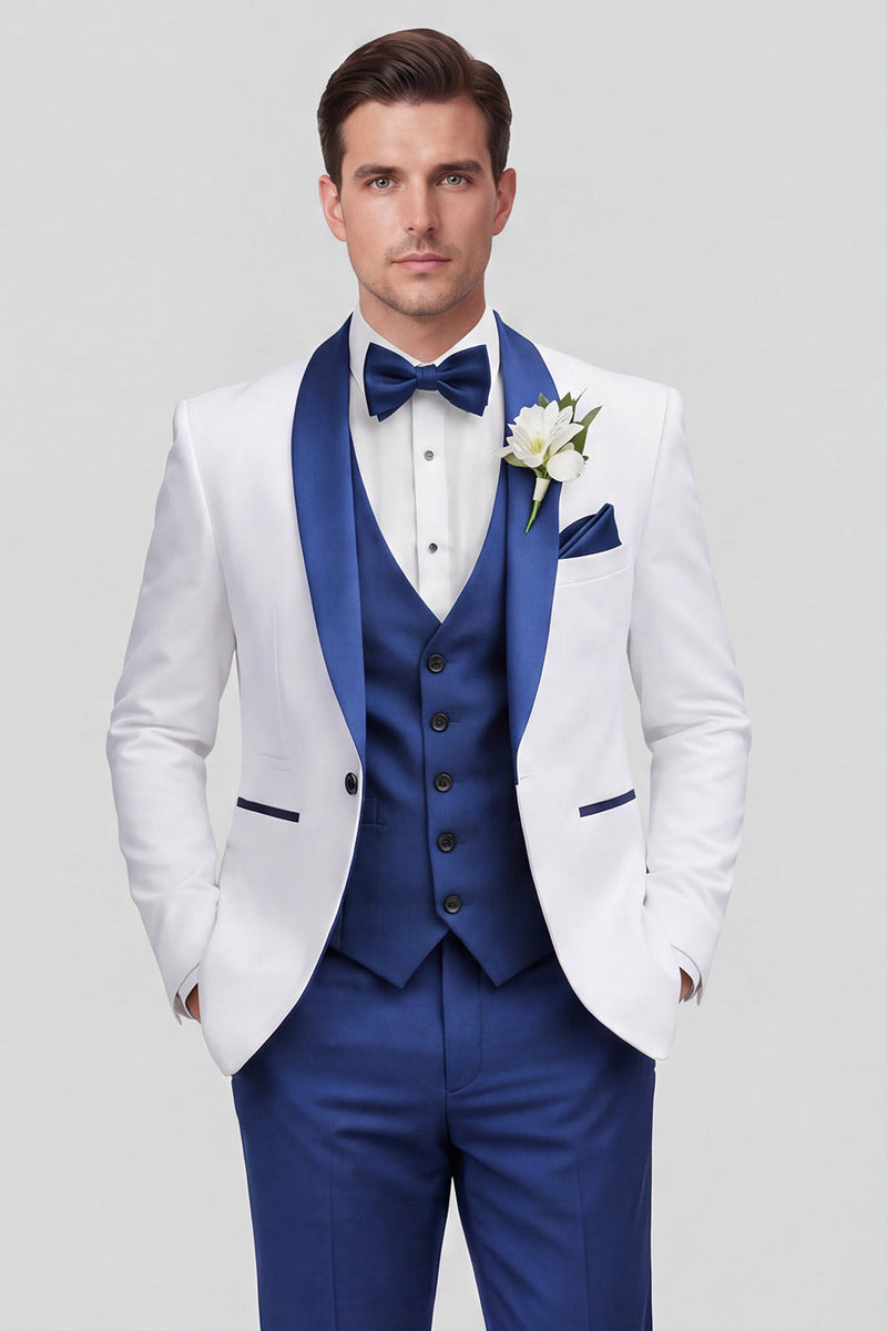 Laden Sie das Bild in den Galerie-Viewer, 3-teilige Schal, Revers Blaue Einknopf-Herren-Hochzeitsanzüge