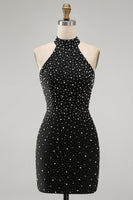 Laden Sie das Bild in den Galerie-Viewer, Schwarzes Bodycon Neckholder Perlenbesetztes Kurzes Abendkleid mit Schnürung hinten