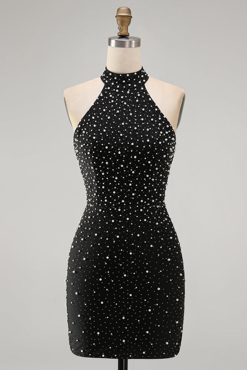 Laden Sie das Bild in den Galerie-Viewer, Schwarzes Bodycon Neckholder Perlenbesetztes Kurzes Abendkleid mit Schnürung hinten