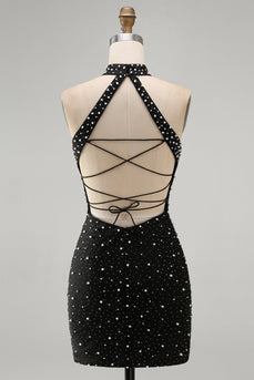 Schwarzes Bodycon Neckholder Perlenbesetztes Kurzes Abendkleid mit Schnürung hinten