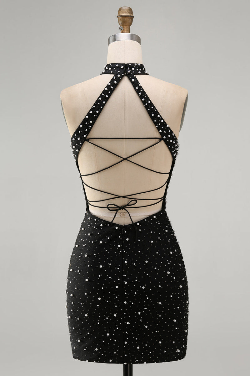 Laden Sie das Bild in den Galerie-Viewer, Schwarzes Bodycon Neckholder Perlenbesetztes Kurzes Abendkleid mit Schnürung hinten