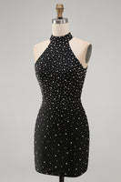 Laden Sie das Bild in den Galerie-Viewer, Schwarzes Bodycon Neckholder Perlenbesetztes Kurzes Abendkleid mit Schnürung hinten