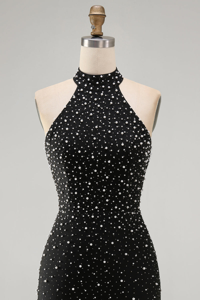 Laden Sie das Bild in den Galerie-Viewer, Schwarzes Bodycon Neckholder Perlenbesetztes Kurzes Abendkleid mit Schnürung hinten