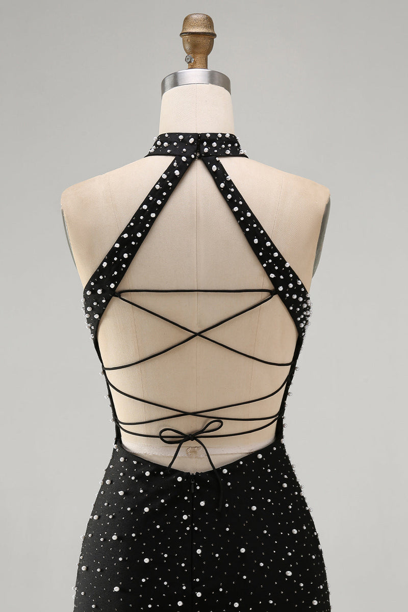 Laden Sie das Bild in den Galerie-Viewer, Schwarzes Bodycon Neckholder Perlenbesetztes Kurzes Abendkleid mit Schnürung hinten