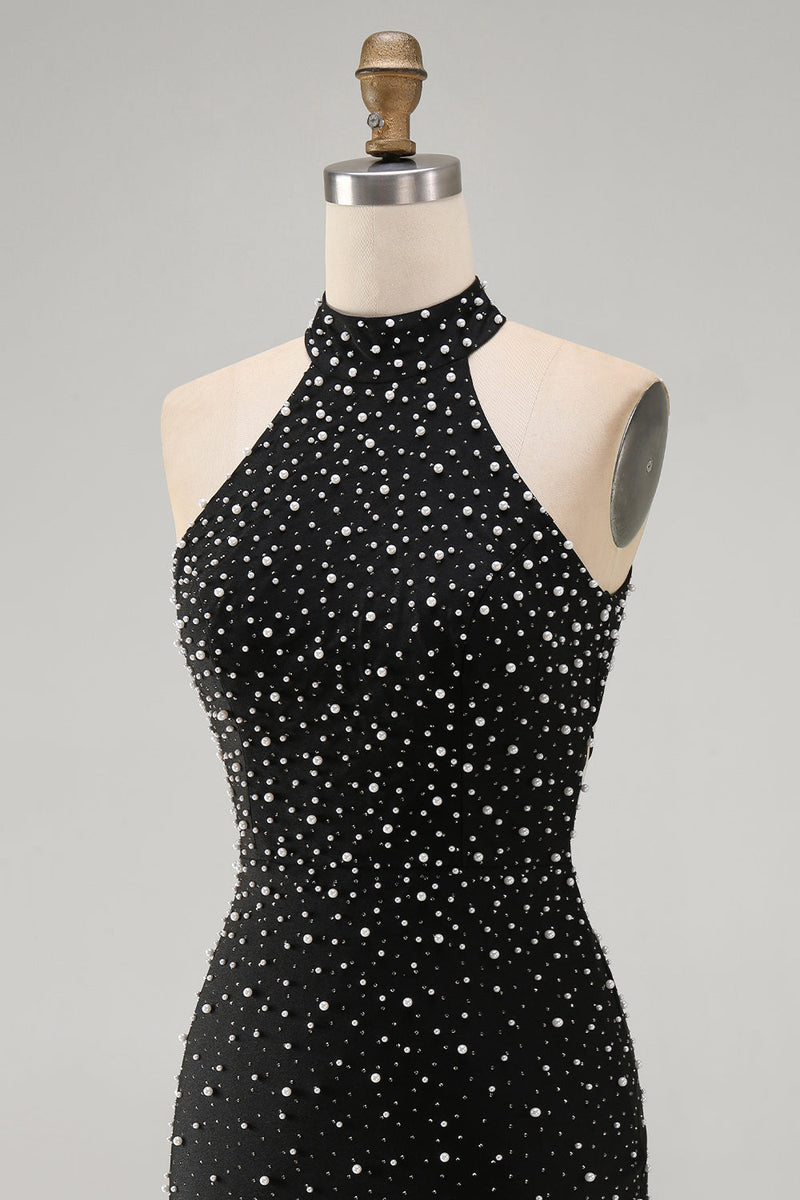 Laden Sie das Bild in den Galerie-Viewer, Schwarzes Bodycon Neckholder Perlenbesetztes Kurzes Abendkleid mit Schnürung hinten