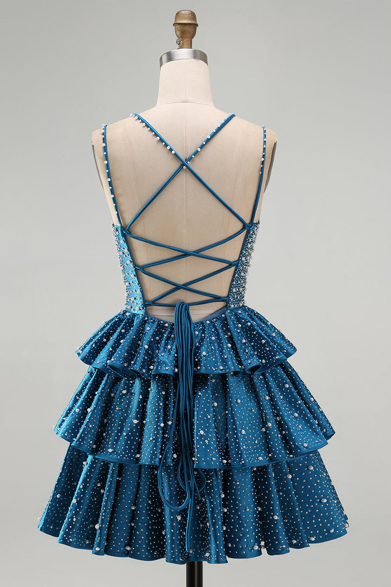 Laden Sie das Bild in den Galerie-Viewer, Blaues A-Linie Gestufte Rüschen Kurzes Abendkleid mit Perlen