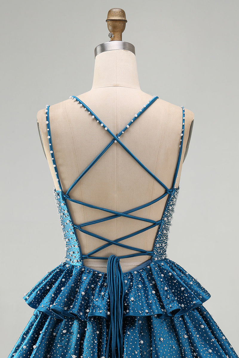 Laden Sie das Bild in den Galerie-Viewer, Blaues A-Linie Gestufte Rüschen Kurzes Abendkleid mit Perlen