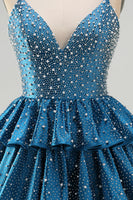Laden Sie das Bild in den Galerie-Viewer, Blaues A-Linie Gestufte Rüschen Kurzes Abendkleid mit Perlen