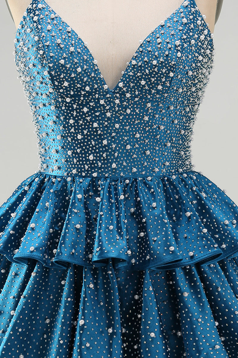 Laden Sie das Bild in den Galerie-Viewer, Blaues A-Linie Gestufte Rüschen Kurzes Abendkleid mit Perlen