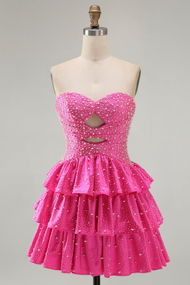Laden Sie das Bild in den Galerie-Viewer, Perlen Ausgeschnittenes Gestuftes Rüschendes Fuchsia Kurzes Abendkleid