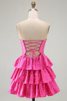Laden Sie das Bild in den Galerie-Viewer, Perlen Ausgeschnittenes Gestuftes Rüschendes Fuchsia Kurzes Abendkleid