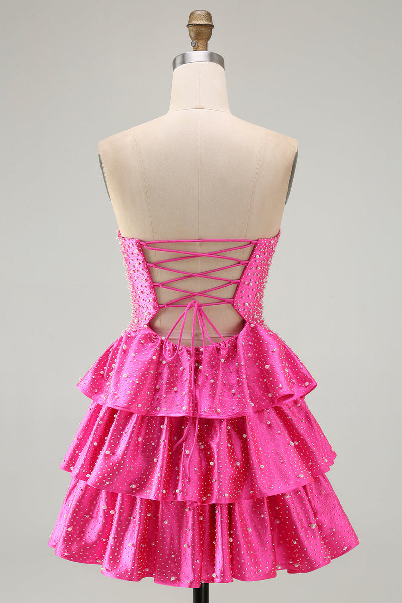 Laden Sie das Bild in den Galerie-Viewer, Perlen Ausgeschnittenes Gestuftes Rüschendes Fuchsia Kurzes Abendkleid
