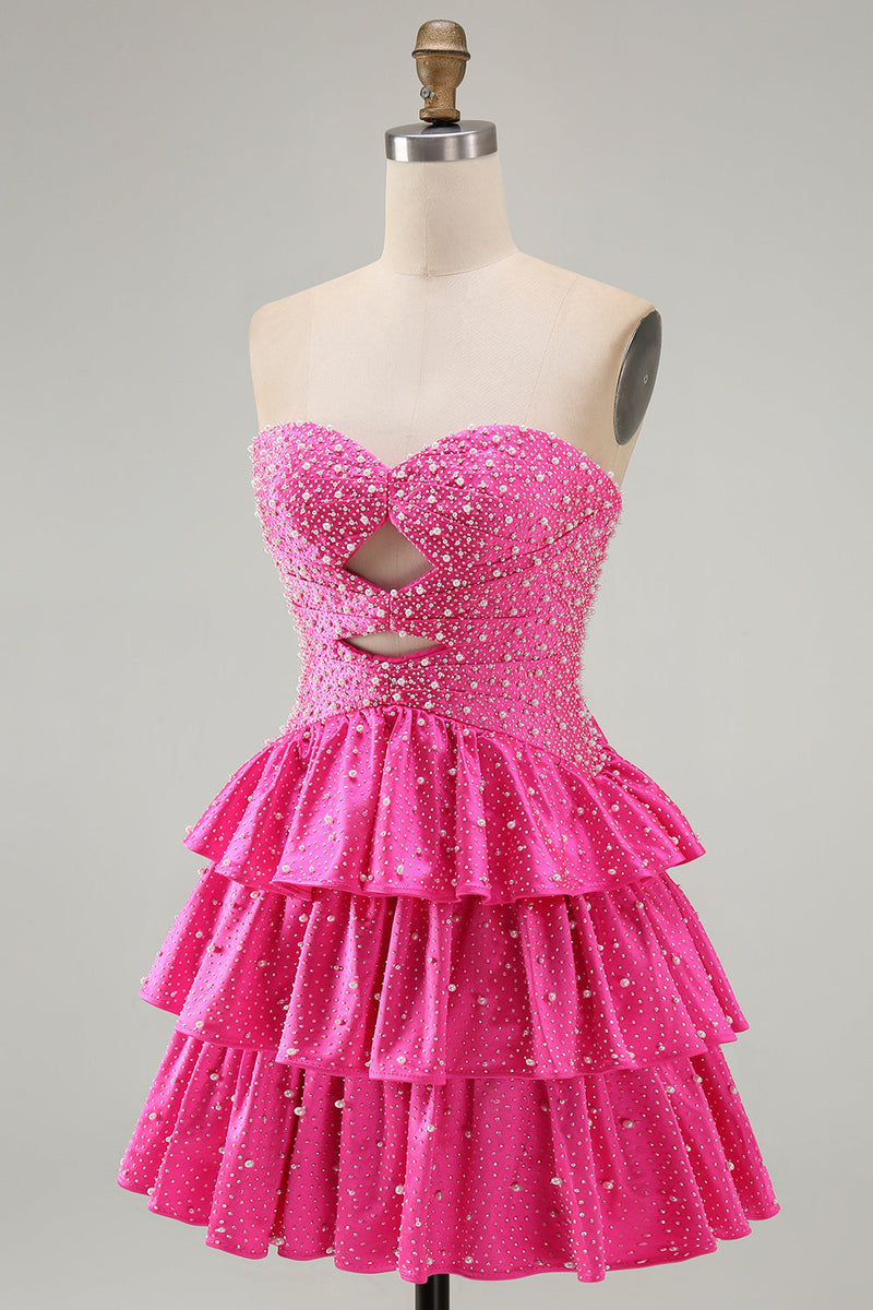 Laden Sie das Bild in den Galerie-Viewer, Perlen Ausgeschnittenes Gestuftes Rüschendes Fuchsia Kurzes Abendkleid