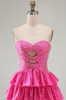 Laden Sie das Bild in den Galerie-Viewer, Perlen Ausgeschnittenes Gestuftes Rüschendes Fuchsia Kurzes Abendkleid