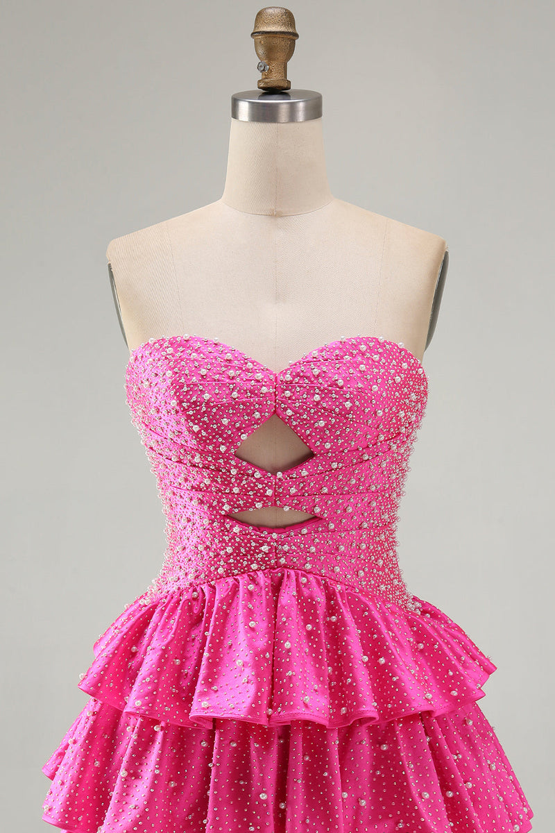 Laden Sie das Bild in den Galerie-Viewer, Perlen Ausgeschnittenes Gestuftes Rüschendes Fuchsia Kurzes Abendkleid