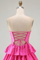 Laden Sie das Bild in den Galerie-Viewer, Perlen Ausgeschnittenes Gestuftes Rüschendes Fuchsia Kurzes Abendkleid