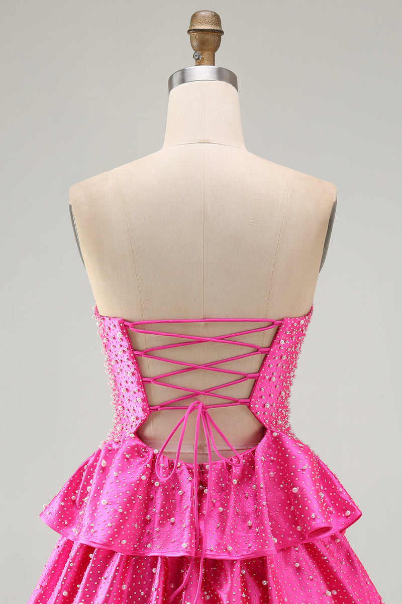 Laden Sie das Bild in den Galerie-Viewer, Perlen Ausgeschnittenes Gestuftes Rüschendes Fuchsia Kurzes Abendkleid