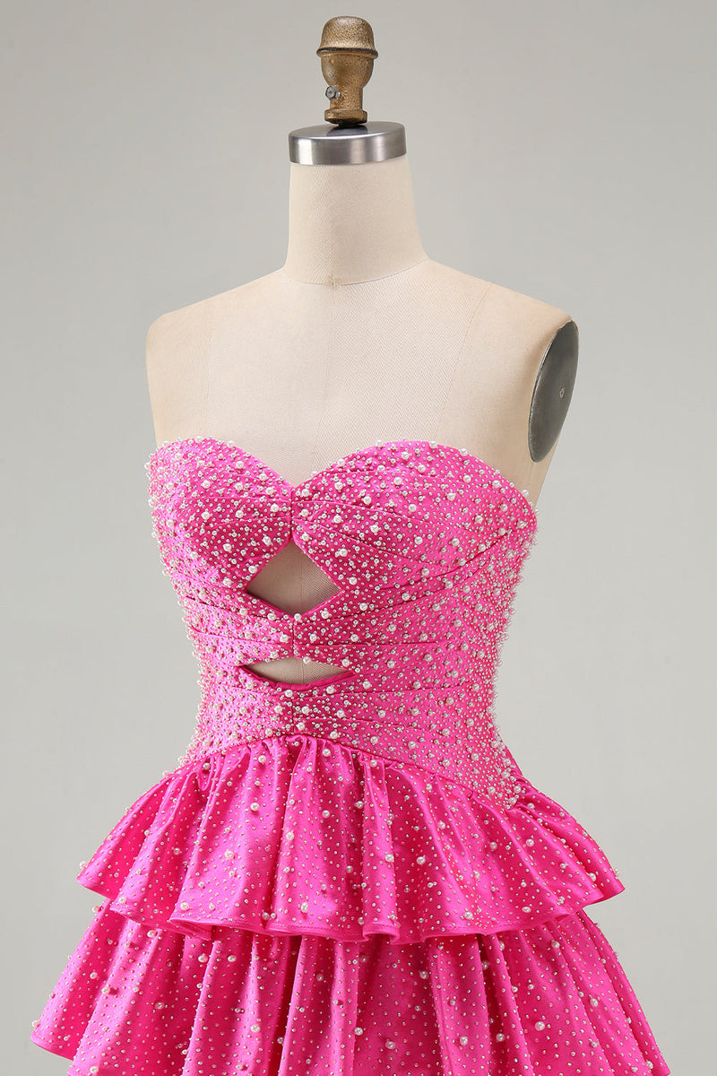 Laden Sie das Bild in den Galerie-Viewer, Perlen Ausgeschnittenes Gestuftes Rüschendes Fuchsia Kurzes Abendkleid