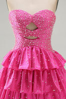 Laden Sie das Bild in den Galerie-Viewer, Perlen Ausgeschnittenes Gestuftes Rüschendes Fuchsia Kurzes Abendkleid
