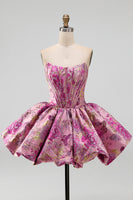 Laden Sie das Bild in den Galerie-Viewer, Rotes A-Line-Blumen-Jacquard-Korsett, Blasensaum, kurzes Homecoming-Kleid