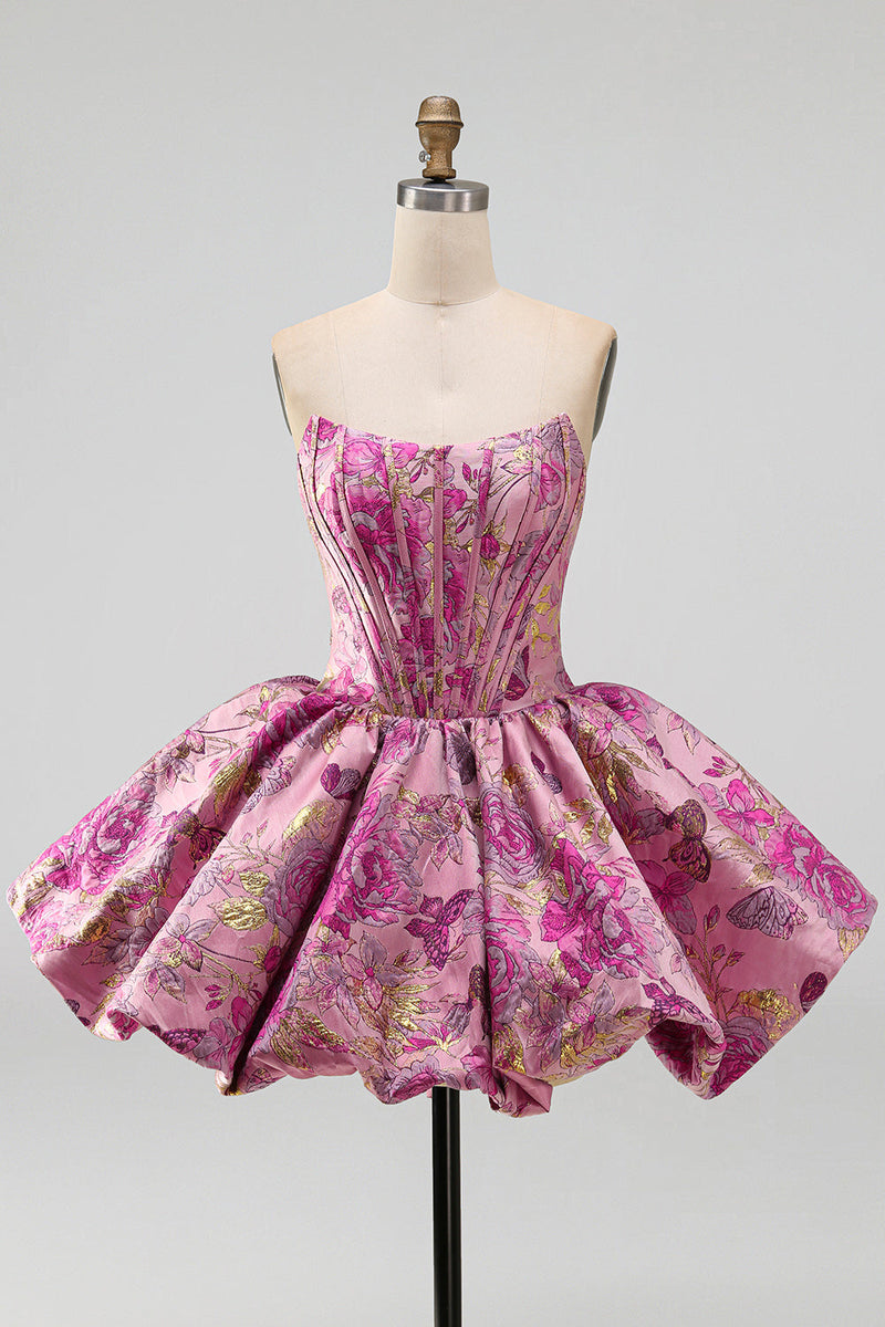 Laden Sie das Bild in den Galerie-Viewer, Rotes A-Line-Blumen-Jacquard-Korsett, Blasensaum, kurzes Homecoming-Kleid