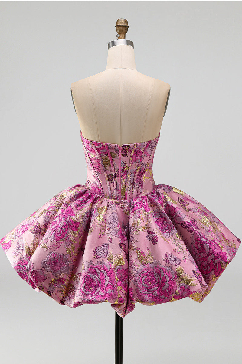 Laden Sie das Bild in den Galerie-Viewer, Rotes A-Line-Blumen-Jacquard-Korsett, Blasensaum, kurzes Homecoming-Kleid