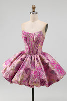 Laden Sie das Bild in den Galerie-Viewer, Rotes A-Line-Blumen-Jacquard-Korsett, Blasensaum, kurzes Homecoming-Kleid