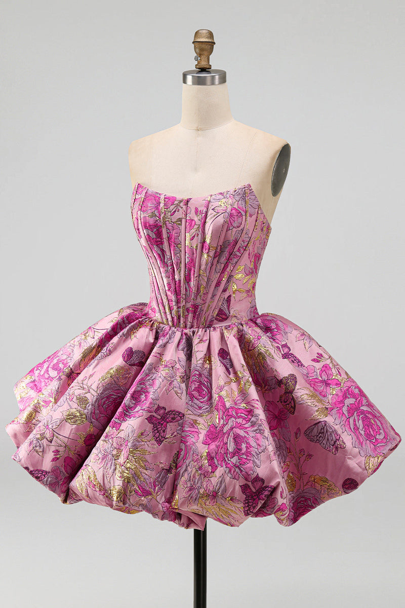 Laden Sie das Bild in den Galerie-Viewer, Rotes A-Line-Blumen-Jacquard-Korsett, Blasensaum, kurzes Homecoming-Kleid