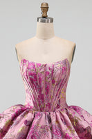 Laden Sie das Bild in den Galerie-Viewer, Rotes A-Line-Blumen-Jacquard-Korsett, Blasensaum, kurzes Homecoming-Kleid