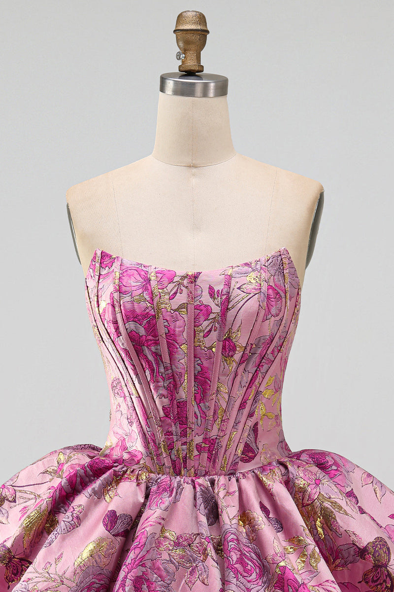 Laden Sie das Bild in den Galerie-Viewer, Rotes A-Line-Blumen-Jacquard-Korsett, Blasensaum, kurzes Homecoming-Kleid