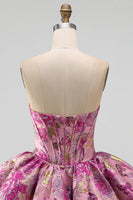 Laden Sie das Bild in den Galerie-Viewer, Rotes A-Line-Blumen-Jacquard-Korsett, Blasensaum, kurzes Homecoming-Kleid