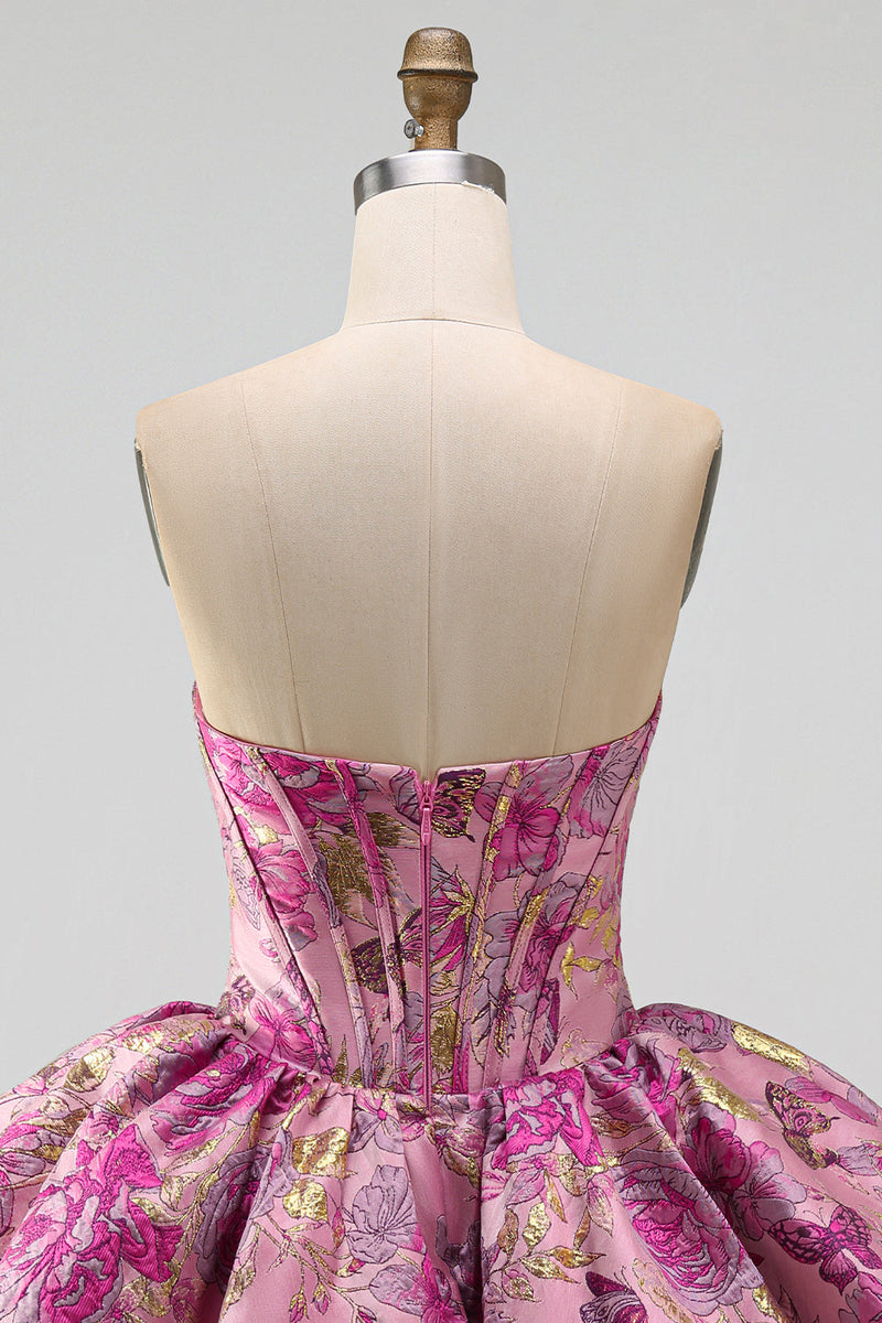 Laden Sie das Bild in den Galerie-Viewer, Rotes A-Line-Blumen-Jacquard-Korsett, Blasensaum, kurzes Homecoming-Kleid