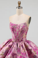 Laden Sie das Bild in den Galerie-Viewer, Rotes A-Line-Blumen-Jacquard-Korsett, Blasensaum, kurzes Homecoming-Kleid