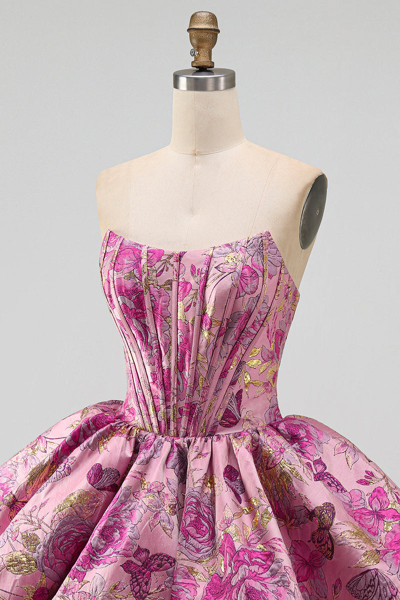 Laden Sie das Bild in den Galerie-Viewer, Rotes A-Line-Blumen-Jacquard-Korsett, Blasensaum, kurzes Homecoming-Kleid