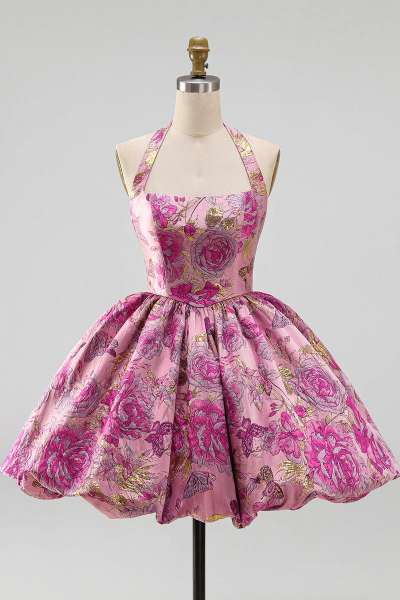 Laden Sie das Bild in den Galerie-Viewer, Kurzes Homecoming-Kleid mit rotem Blumen-Neckholder-Jacquard-Blasen-Saum